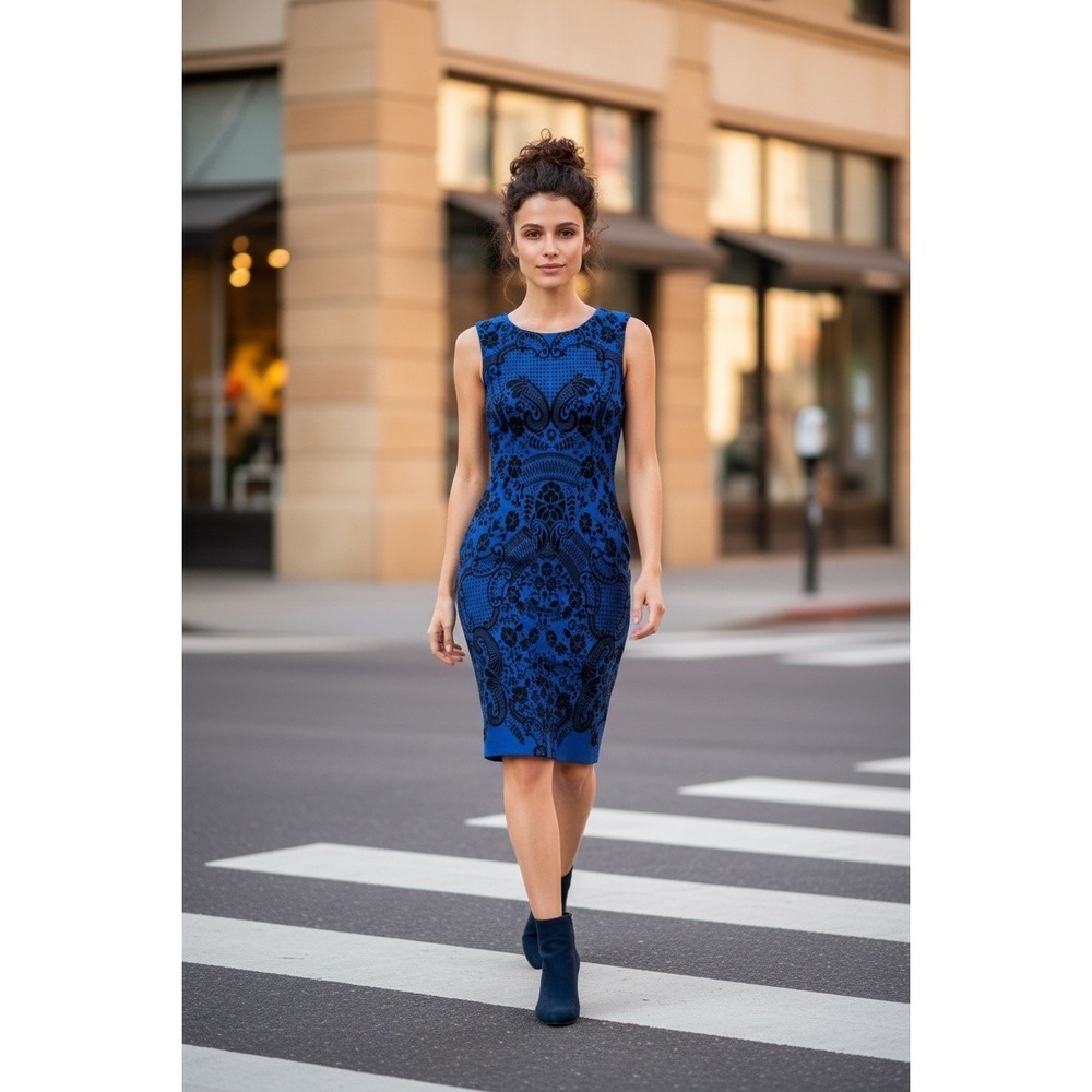 New York & Company Blue Black Flocked Damask Paisley Sheath Dress Womens Size S